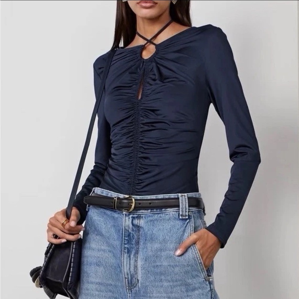 Veronica Beard Roque Top Navy Blue Ruched Keyhole Long Sleeve Halter Tie Size 2